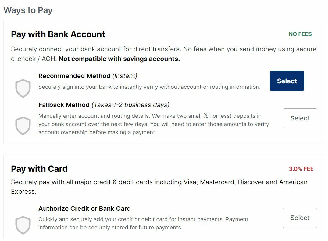 Describes ways to pay via eCheck/ACH or Credit Carc